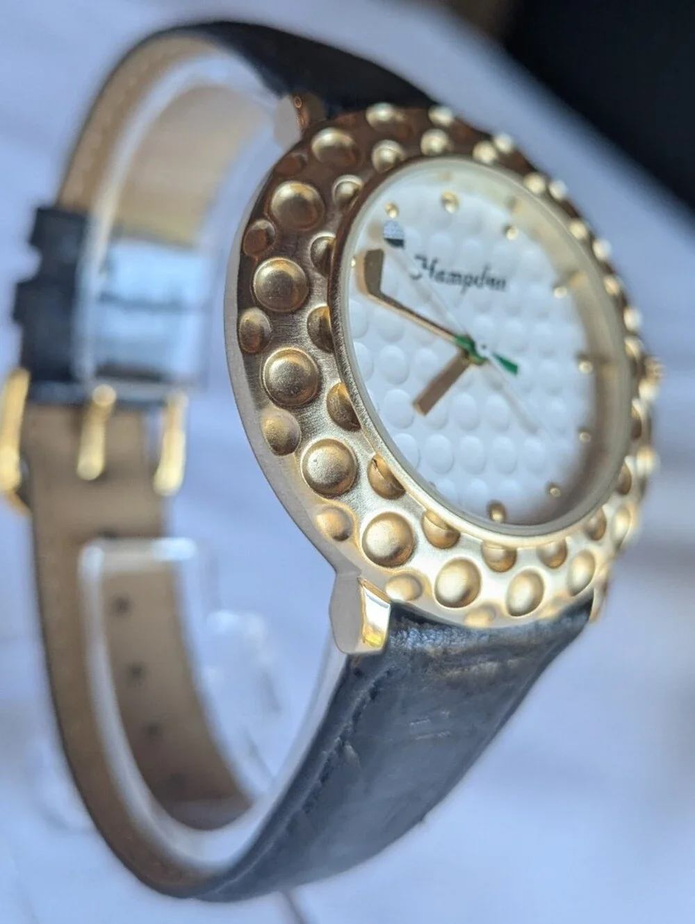 Hampden Golf Watch Golden Dimpled Bezel Club Hand Black Leather Strap Steel Back